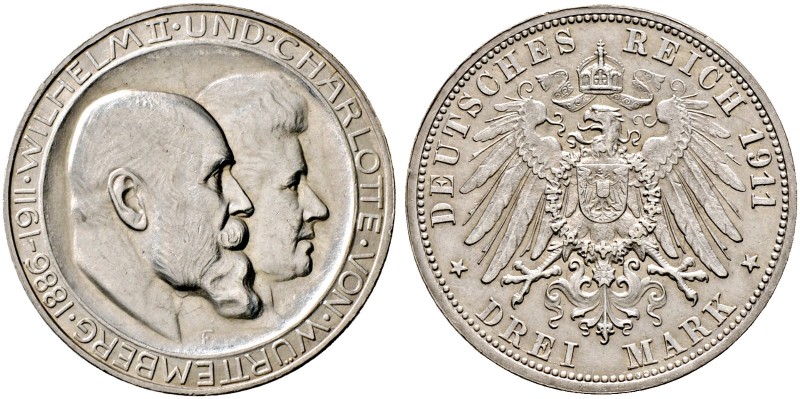Silbermünzen des Kaiserreiches. WÜRTTEMBERG 
Wilhelm II. 1891-1918. 3 Mark 1911...