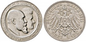 Silbermünzen des Kaiserreiches. WÜRTTEMBERG 
Wilhelm II. 1891-1918. 3 Mark 1911 F. Silberhochzeit. Hohes H. J. 177b.
vorzüglich-Stempelglanz (matt)/...