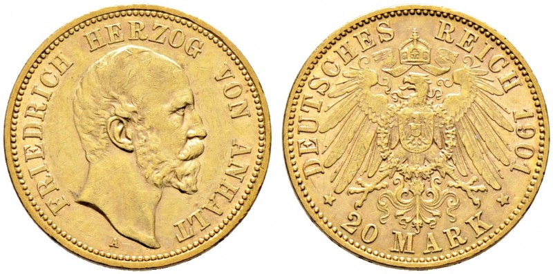 Reichsgoldmünzen. ANHALT 
Friedrich I. 1871-1904. 20 Mark 1901 A. 70. Geburtsta...