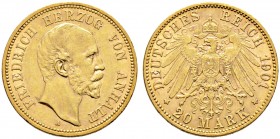 Reichsgoldmünzen. ANHALT 
Friedrich I. 1871-1904. 20 Mark 1901 A. 70. Geburtstag. J. 181.
selten, kleine Kratzer und Randfehler, sehr schön-vorzügli...