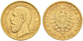 Reichsgoldmünzen. BADEN 
Friedrich I. 1852-1907. 10 Mark 1877 G. J. 186.
sehr schön