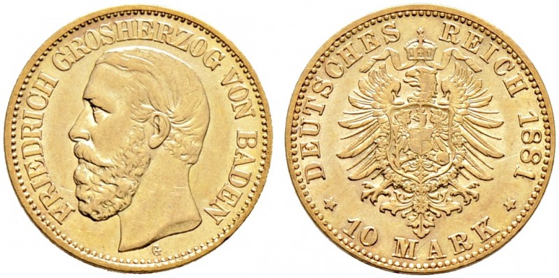 Reichsgoldmünzen. BADEN 
Friedrich I. 1852-1907. 10 Mark 1881 G. J. 186.
fast ...