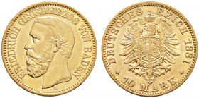 Reichsgoldmünzen. BADEN 
Friedrich I. 1852-1907. 10 Mark 1881 G. J. 186.
fast vorzüglich