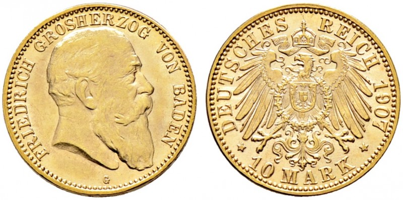 Reichsgoldmünzen. BADEN 
Friedrich I. 1852-1907. 10 Mark 1907 G. J. 190.
vorzü...