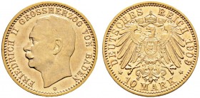 Reichsgoldmünzen. BADEN 
Friedrich II. 1907-1918. 10 Mark 1909 G. J. 191.
selten, kleiner Kratzer auf dem Avers, vorzüglich/fast Stempelglanz