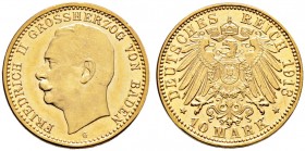 Reichsgoldmünzen. BADEN 
Friedrich II. 1907-1918. 10 Mark 1913 G. J. 191.
seltener Jahrgang, Prachtexemplar, fast Stempelglanz
