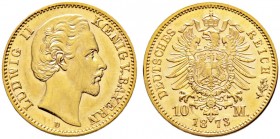 Reichsgoldmünzen. BAYERN 
Ludwig II. 1864-1886. 10 Mark 1873 D. J. 193.
kleine Kratzer, vorzüglich/vorzüglich-Stempelglanz