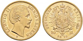 Reichsgoldmünzen. BAYERN 
Ludwig II. 1864-1886. 20 Mark 1872 D. J. 194.
minimale Kratzer, vorzüglich-Stempelglanz