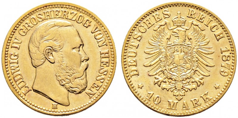 Reichsgoldmünzen. HESSEN 
Ludwig IV. 1877-1892. 10 Mark 1879 H. J. 219.
sehr s...