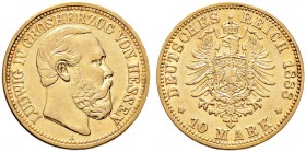 Reichsgoldmünzen. HESSEN 
Ludwig IV. 1877-1892. 10 Mark 1888 A. J. 219.
kleiner Kratzer auf dem Avers, sehr schön-vorzüglich/vorzüglich