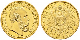 Reichsgoldmünzen. HESSEN 
Ludwig IV. 1877-1892. 20 Mark 1892 A. J. 221.
sehr selten in dieser Erhaltung, Kabinettstück, Polierte Platte