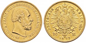 Reichsgoldmünzen. MECKLENBURG-SCHWERIN 
Friedrich Franz II. 1842-1883. 20 Mark 1872 A. J. 230.
kleine Kratzer und Randfehler, sehr schön-vorzüglich...