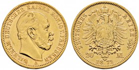 Reichsgoldmünzen. PREUSSEN 
Wilhelm I. 1861-1888. 20 Mark 1871 A. J. 243.
gutes sehr schön

Die erste Reichsgoldmünze.