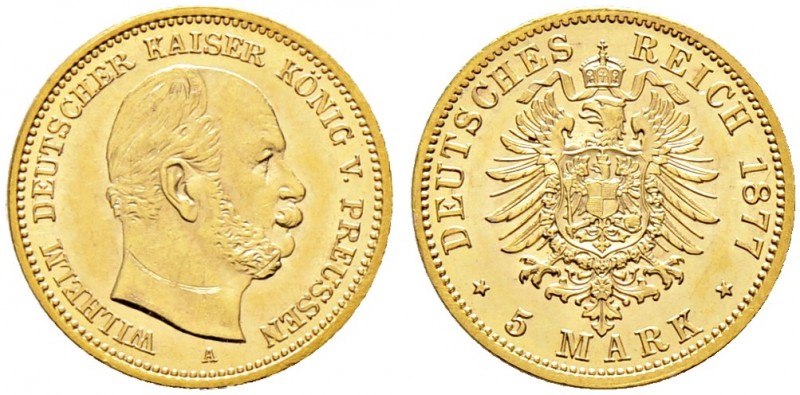 Reichsgoldmünzen. PREUSSEN 
Wilhelm I. 1861-1888. 5 Mark 1877 A. J. 244.
präge...