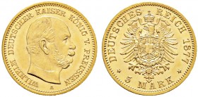 Reichsgoldmünzen. PREUSSEN 
Wilhelm I. 1861-1888. 5 Mark 1877 A. J. 244.
prägebedingter(?) Kratzer, sonst Stempelglanz