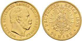 Reichsgoldmünzen. PREUSSEN 
Wilhelm I. 1861-1888. 20 Mark 1878 C. J. 246.
selten, minimale Kratzer, fast vorzüglich
