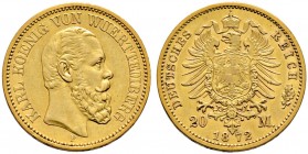 Reichsgoldmünzen. WÜRTTEMBERG 
Karl 1864-1891. 20 Mark 1872 F. J. 290.
kleiner Kratzer auf dem Avers, minimal berieben, sonst vorzüglich
