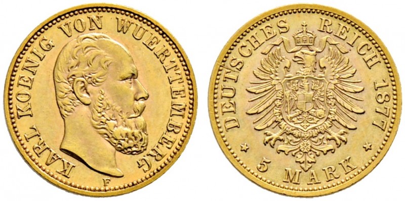 Reichsgoldmünzen. WÜRTTEMBERG 
Karl 1864-1891. 5 Mark 1877 F. J. 291.
selten i...