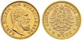 Reichsgoldmünzen. WÜRTTEMBERG 
Karl 1864-1891. 5 Mark 1877 F. J. 291.
selten in dieser Erhaltung, vorzüglich-Stempelglanz