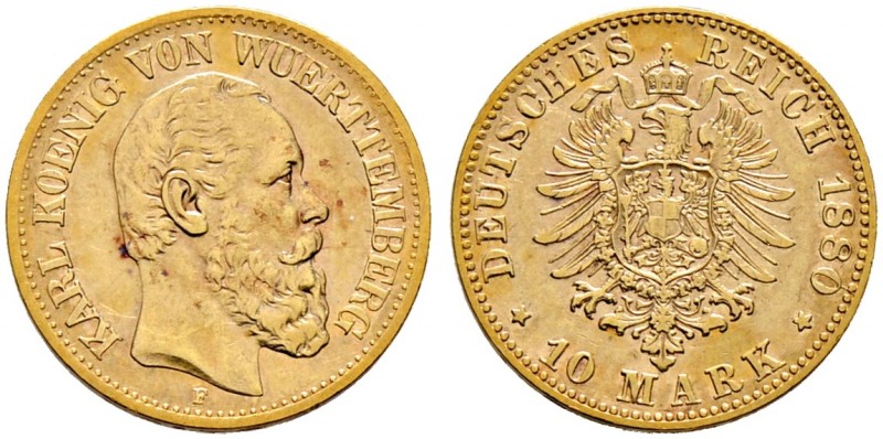 Reichsgoldmünzen. WÜRTTEMBERG 
Karl 1864-1891. 10 Mark 1880 F. J. 292.
sehr sc...