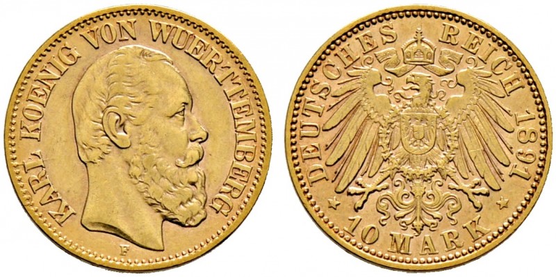 Reichsgoldmünzen. WÜRTTEMBERG 
Karl 1864-1891. 10 Mark 1891 F. J. 294.
sehr sc...