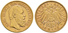 Reichsgoldmünzen. WÜRTTEMBERG 
Karl 1864-1891. 10 Mark 1891 F. J. 294.
sehr schön-vorzüglich

Die letzte unter König Karl geprägte Münze.