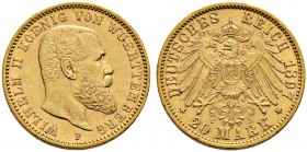 Reichsgoldmünzen. WÜRTTEMBERG 
Wilhelm II. 1891-1918. 20 Mark 1897 F. J. 296.
winzige Randfehler, sehr schön-vorzüglich