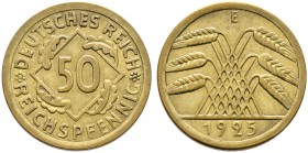 Weimarer Republik. 
50 Reichspfennig 1925 E. J. 318.
selten, sehr schön-vorzüglich

Erworben vom Lagerbestand der Münzenetage Schulz, Stuttgart 20...