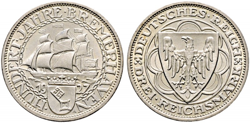 Weimarer Republik. 
3 Reichsmark 1927 A. Bremerhaven. J. 325.
vorzüglich-präge...