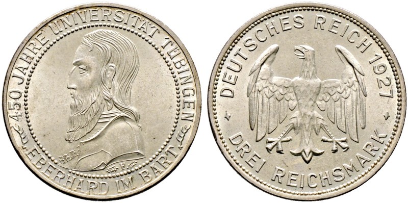 Weimarer Republik. 
3 Reichsmark 1927 F. Uni Tübingen. J. 328.
vorzüglich-Stem...