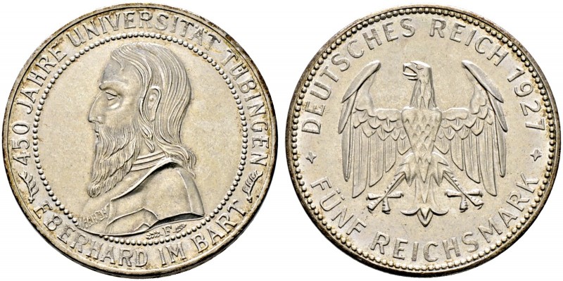Weimarer Republik. 
5 Reichsmark 1927 F. Uni Tübingen. J. 329.
vorzüglich-Stem...