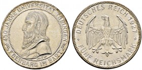 Weimarer Republik. 
5 Reichsmark 1927 F. Uni Tübingen. J. 329.
vorzüglich-Stempelglanz