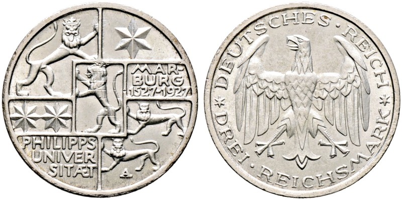 Weimarer Republik. 
3 Reichsmark 1927 A. Uni Marburg. J. 330.
vorzüglich-präge...