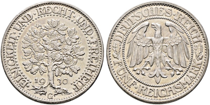 Weimarer Republik. 
5 Reichsmark 1930 G. Eichbaum. J. 331.
sehr selten, minima...