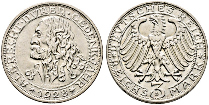 Weimarer Republik. 
3 Reichsmark 1928 D. Dürer. J. 332.
vorzüglich