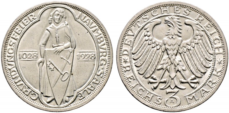 Weimarer Republik. 
3 Reichsmark 1928 A. Naumburg. J. 333.
winzige Randunebenh...