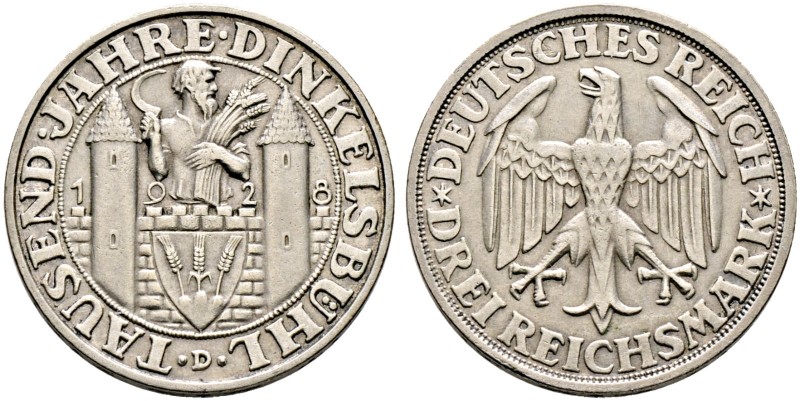 Weimarer Republik. 
3 Reichsmark 1928 D. Dinkelsbühl. J. 334.
sehr schön-vorzü...