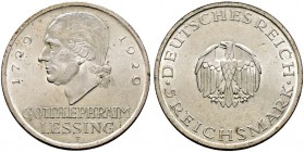 Weimarer Republik. 
5 Reichsmark 1929 F. Lessing. J. 336.
winziger Randfehler, vorzüglich-prägefrisch