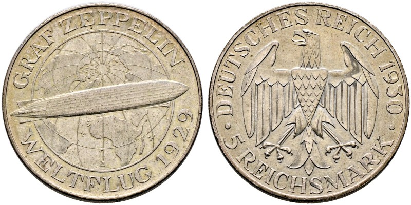 Weimarer Republik. 
5 Reichsmark 1930 A. Zeppelin. J. 343.
leichte Tönung, vor...