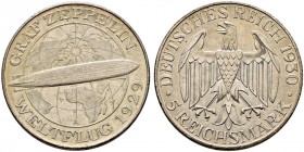 Weimarer Republik. 
5 Reichsmark 1930 A. Zeppelin. J. 343.
leichte Tönung, vorzüglich-prägefrisch