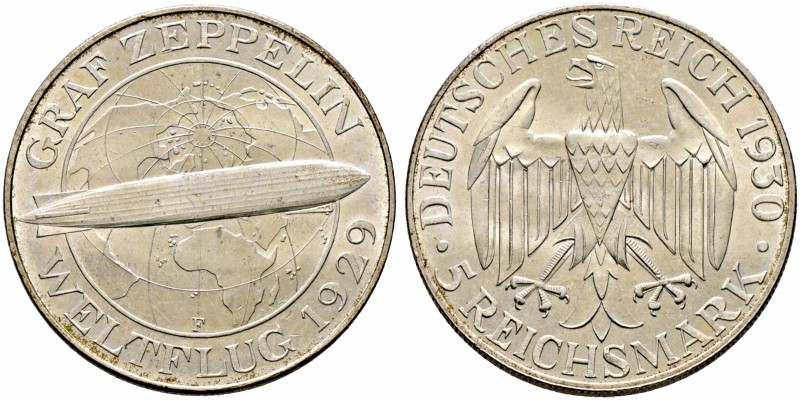 Weimarer Republik. 
5 Reichsmark 1930 F. Zeppelin. J. 343.
vorzüglich-Stempelg...