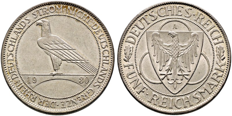 Weimarer Republik. 
5 Reichsmark 1930 A. Rheinlandräumung. J. 346.
vorzüglich-...