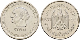 Weimarer Republik. 
3 Reichsmark 1931 A. vom Stein. J. 348.
winziger Randfehler, vorzüglich-prägefrisch
