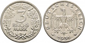 Weimarer Republik. 
3 Reichsmark 1931 D. Kursmünze. J. 349.
minimale Randfehler, sehr schön-vorzüglich