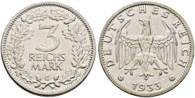 Weimarer Republik. 
3 Reichsmark 1933 G. Kursmünze. J. 349.
sehr selten, minimale Kratzer und Randfehler, fast vorzüglich