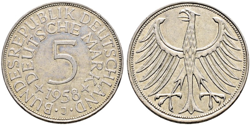 Bundesrepublik Deutschland. 
5 Deutsche Mark 1958 J. Kursmünze. J. 387.
sehr s...