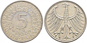 Bundesrepublik Deutschland. 
5 Deutsche Mark 1958 J. Kursmünze. J. 387.
sehr schön