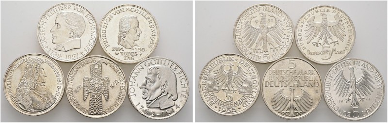 Bundesrepublik Deutschland. 
Lot (5 Stücke): 5 DM 1951-1964 "Die ersten Fünf". ...