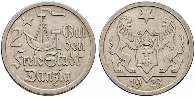 Nebengebiete. 
2 Gulden 1923. J. D 8.
sehr schön-vorzüglich