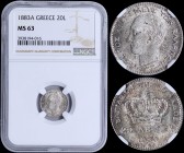 GREECE: 20 Lepta (1883 A) (type I) in silver with "ΓΕΩΡΓΙΟΣ Α! ΒΑΣΙΛΕΥΣ ΤΩΝ ΕΛΛΗΝΩΝ". Inside slab by NGC "MS 63". (Hellas 141)....
